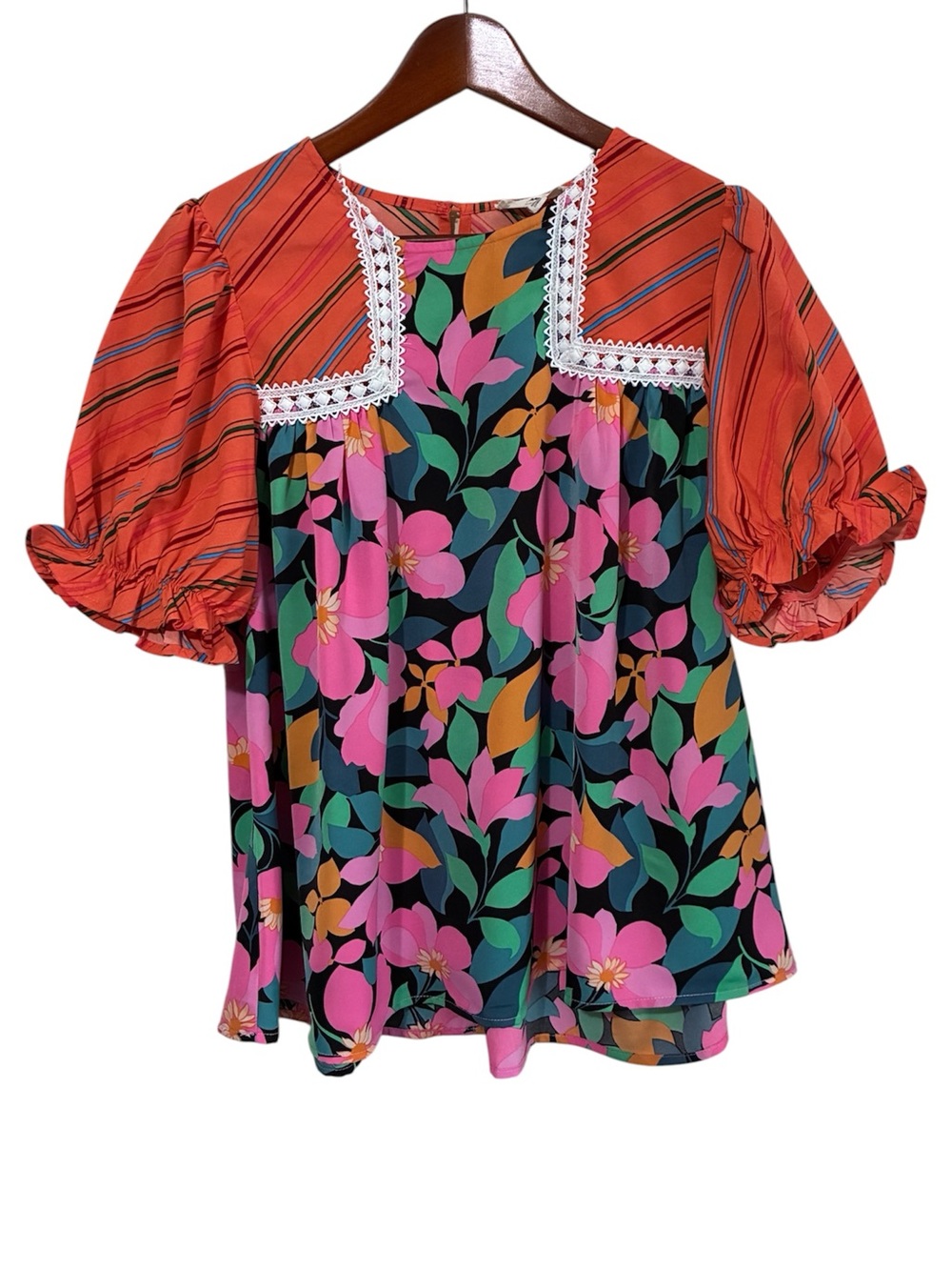 Entro Women's Orange Pink Floral Puff Sleeve Top Size Small